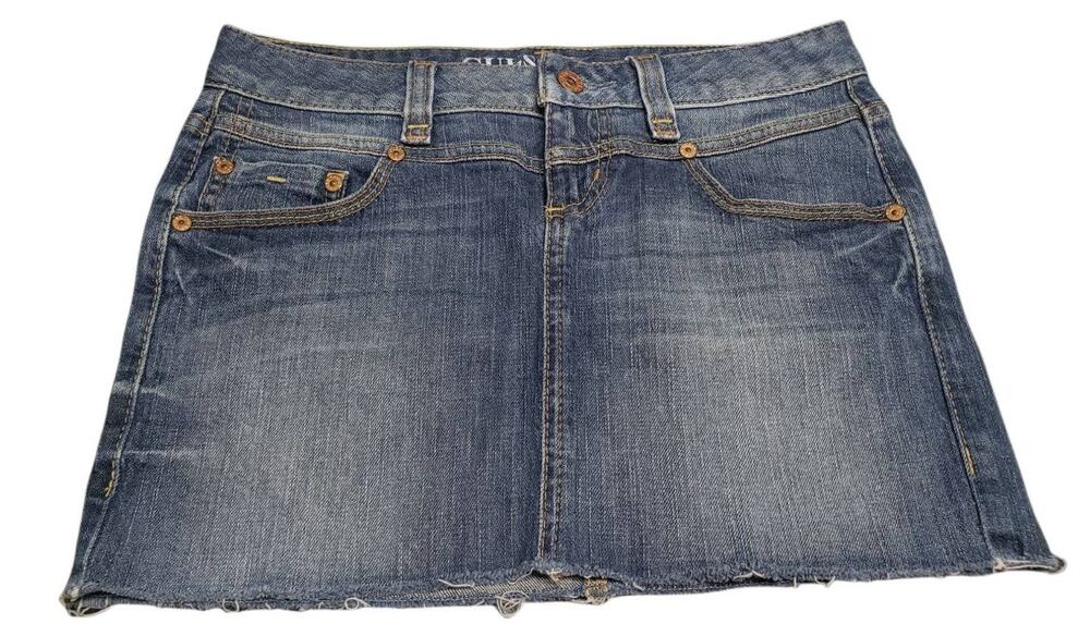 Guess Jeans Faded Blue Denim Cut Off Stretch Skirt • 6 Pockets